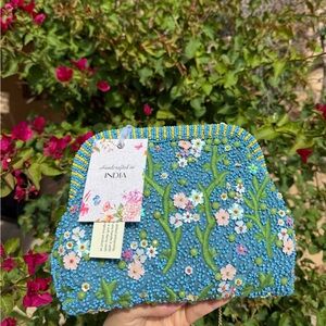 NWT Made in India Floral Beaded Clutch Bag Blue Green Spring Summer Formal
